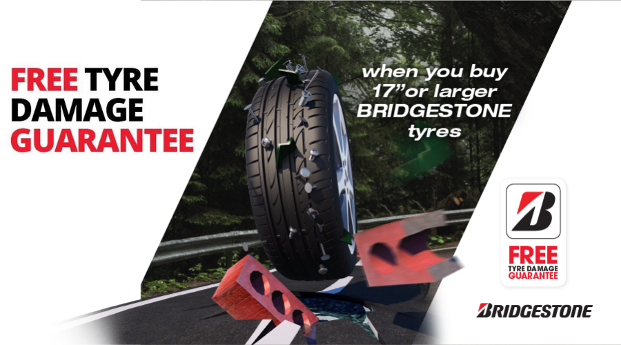 Bridgestone free tyre damage guarantee promotion banner: A wheel rolling through nails and bricks.