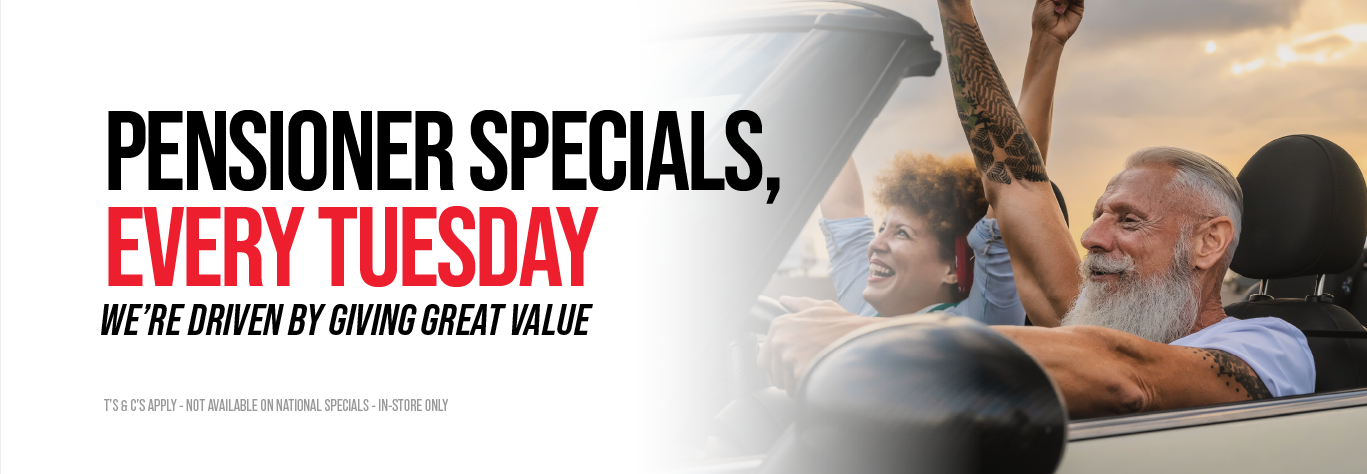 Pensioners Discount promotion banner: Two pensioners cheering as they drive a convertible.