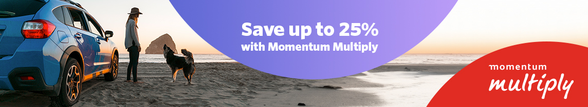 Momentum Multiply promotion banner: a woman and her dog standing on the beach next to a car.