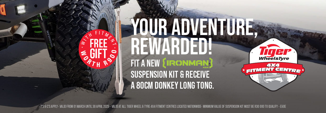 donkey long tong giveaway promotion banner : 4x4 vehicle driving over rough terrain with a donkey long tong being presented